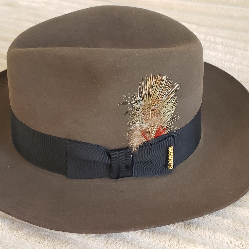Stetson The Sovereign Temple Dark Sage Green Hat with Black Band and Feather